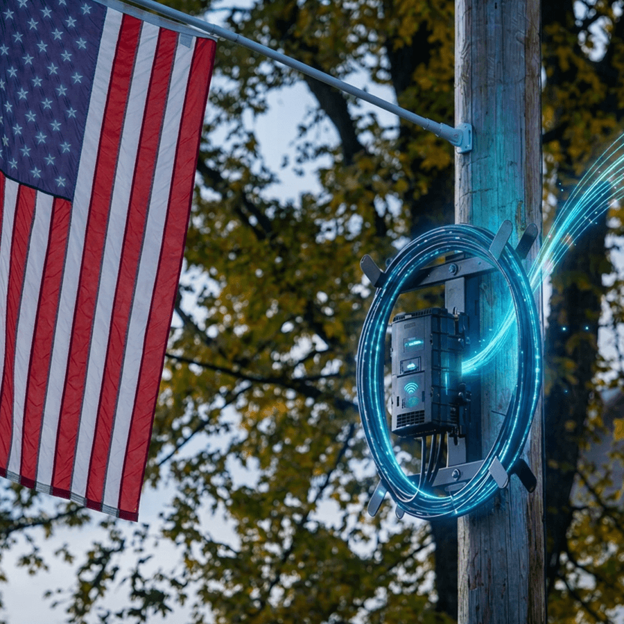 A fiber box on a telephone pole under a USA flag with fiber lines flowing in